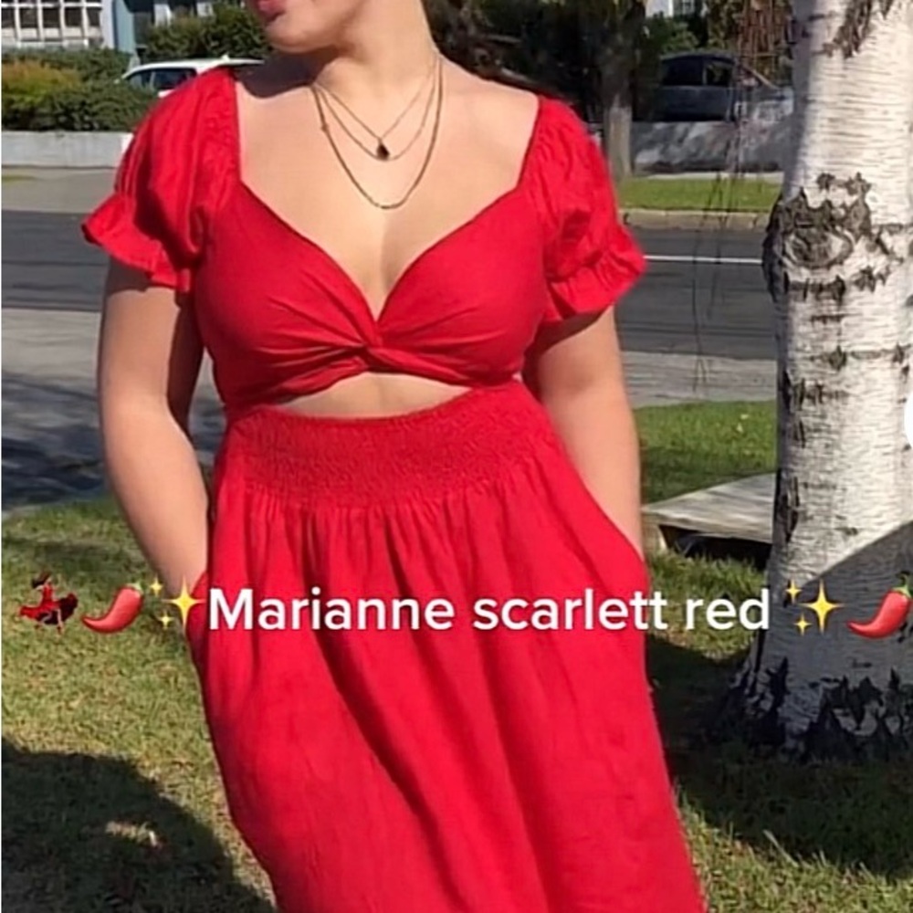 Aulieuded Marianne Scarlet Red Wrap Dress with Ruffle Hem